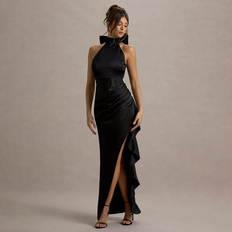 Elegant Lace Slit Dress Sleeveless High Waist Bows