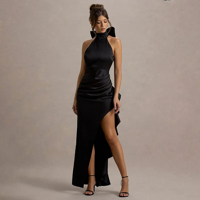 Elegant Lace Slit Dress Sleeveless High Waist Bows