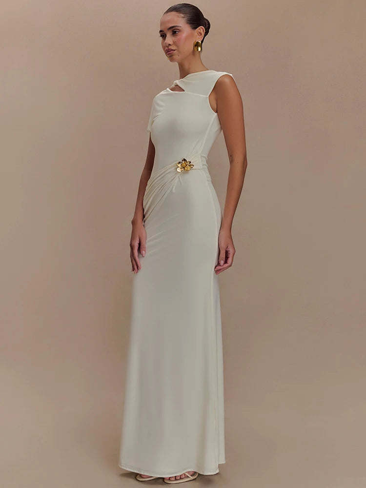 Hollow Out Gold Clasp Maxi Dress Gown Solid Sleeveless
