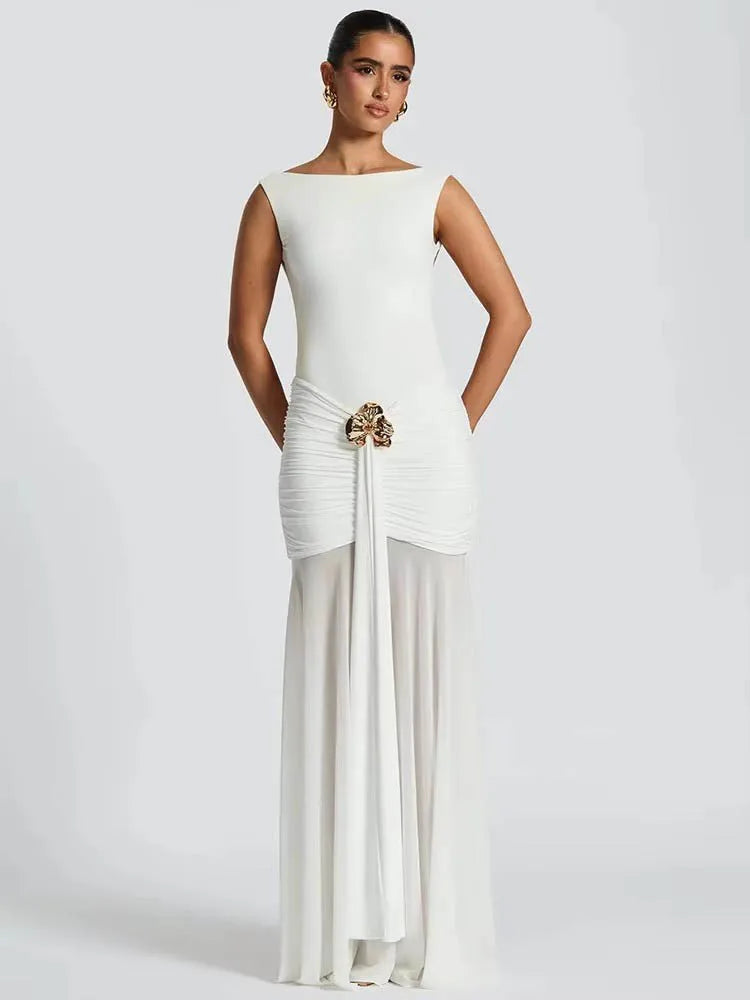 Metal Flower Backless Ruched Maxi Dress