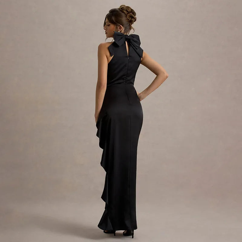 Elegant Lace Slit Dress Sleeveless High Waist Bows