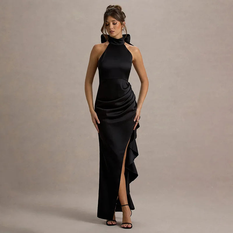 Elegant Lace Slit Dress Sleeveless High Waist Bows