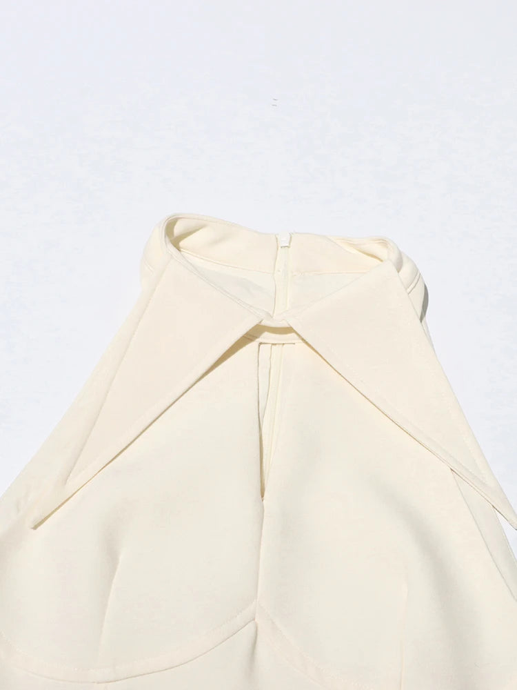 Solid Hollow Out A Line Dress Lapel Sleeveless High Waist