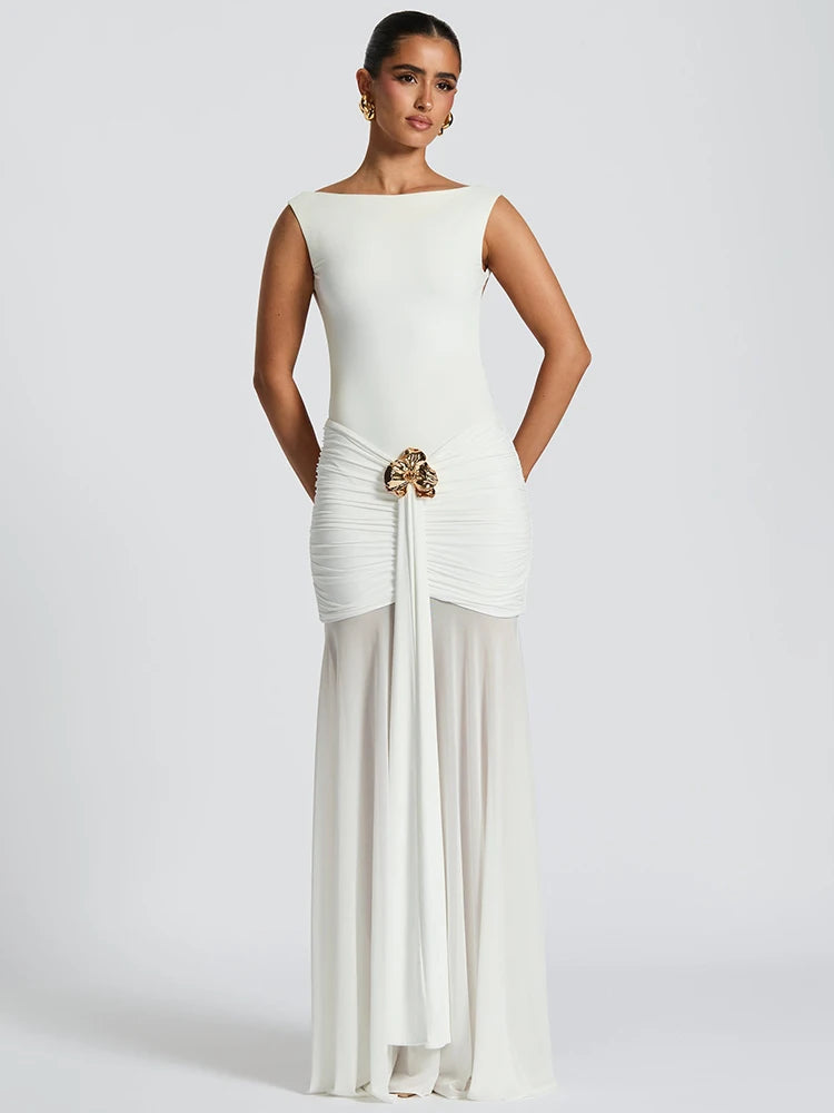 Metal Flower Backless Ruched Maxi Dress