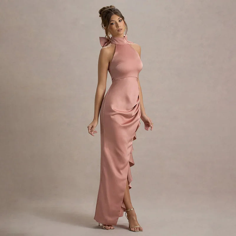 Elegant Lace Slit Dress Sleeveless High Waist Bows