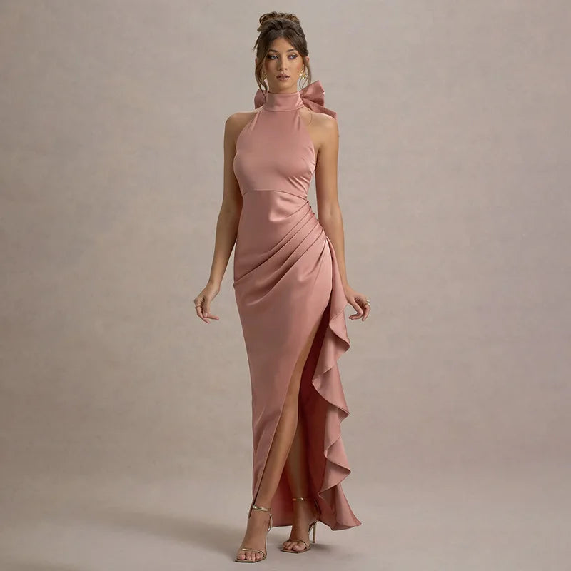 Elegant Lace Slit Dress Sleeveless High Waist Bows