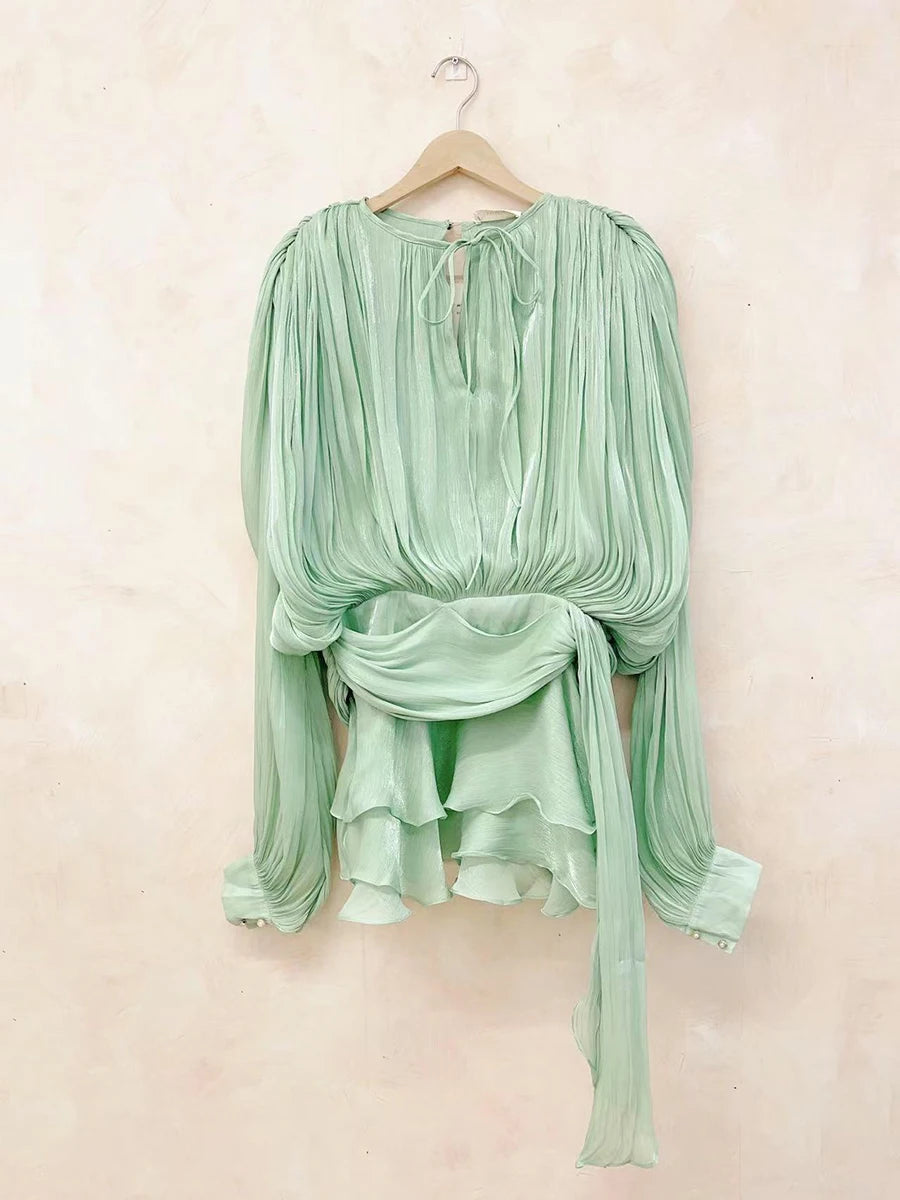 Solid Blouse Mini Dresses  V Neck Long Sleeve Spliced