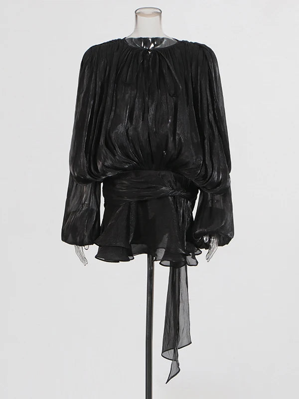 Solid Blouse Mini Dresses  V Neck Long Sleeve Spliced