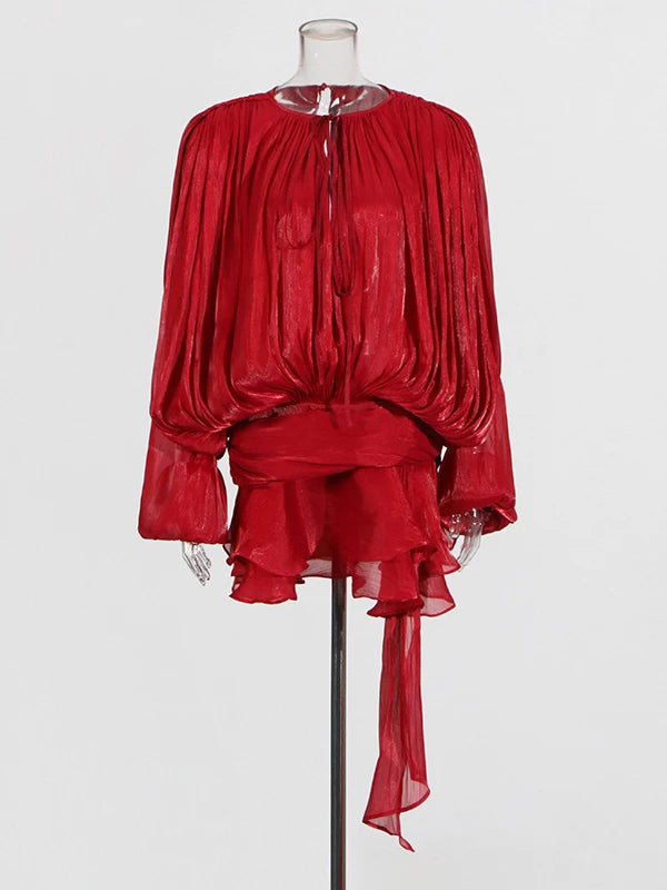 Solid Blouse Mini Dresses  V Neck Long Sleeve Spliced