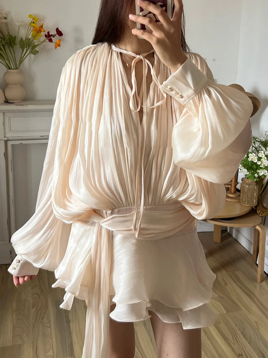 Solid Blouse Mini Dresses  V Neck Long Sleeve Spliced