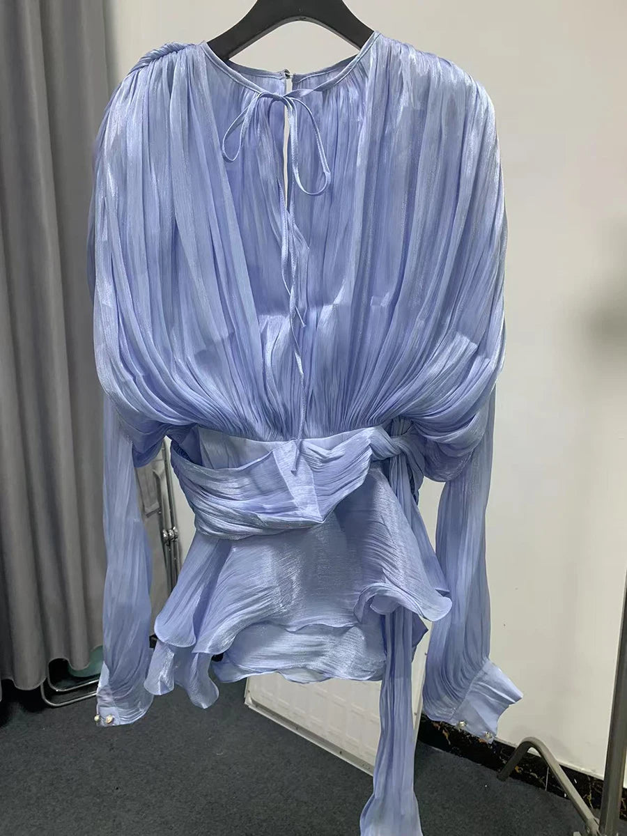 Solid Blouse Mini Dresses  V Neck Long Sleeve Spliced