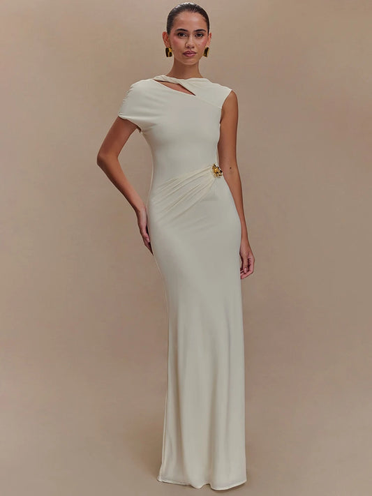 Hollow Out Gold Clasp Maxi Dress Gown Solid Sleeveless