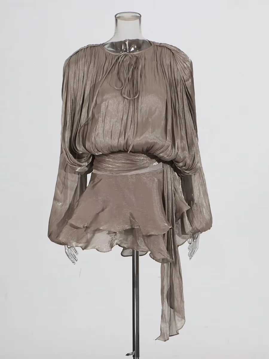 Solid Blouse Mini Dresses  V Neck Long Sleeve Spliced