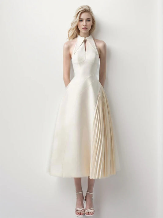 Solid Hollow Out A Line Dress Lapel Sleeveless High Waist