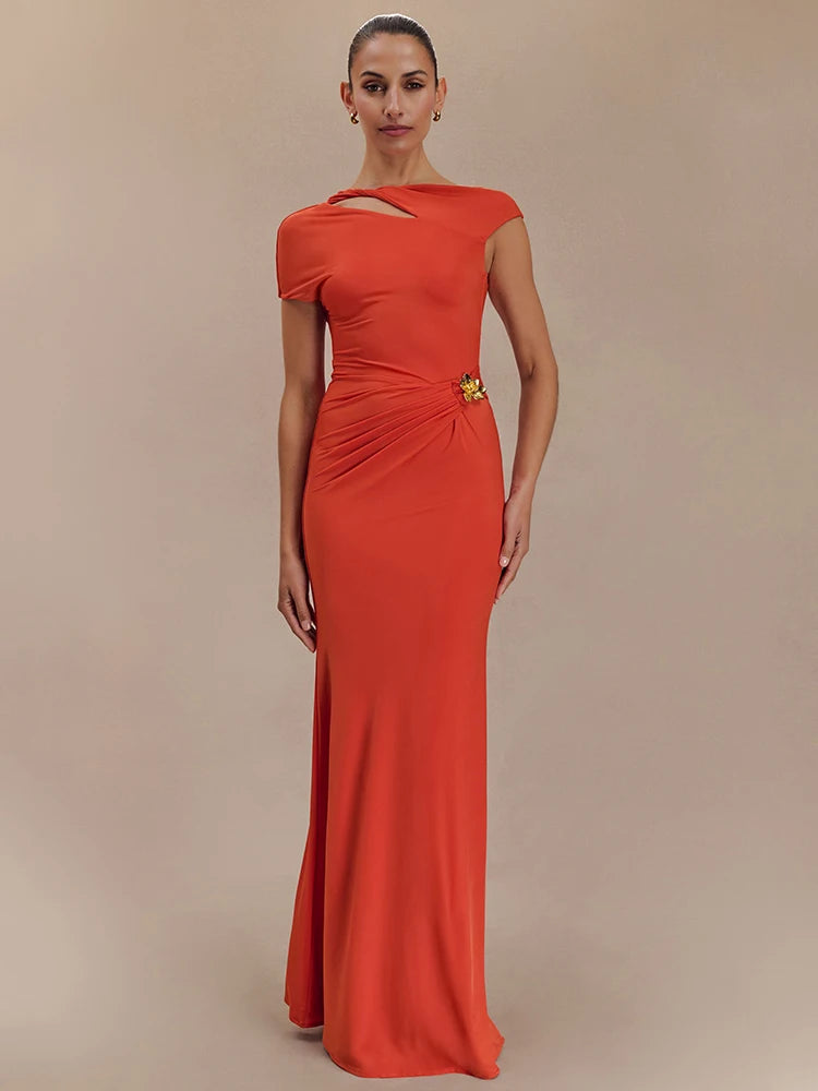 Hollow Out Gold Clasp Maxi Dress Gown Solid Sleeveless