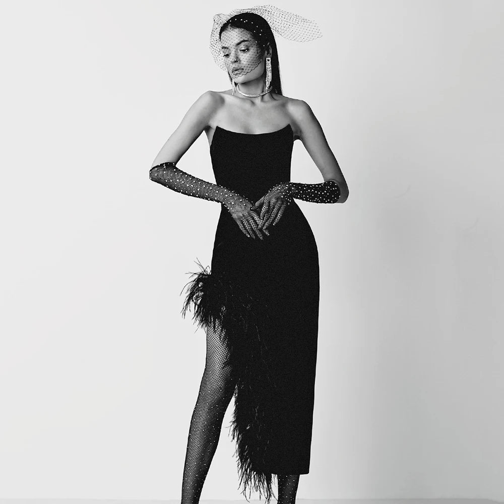 Feathers Bodycon Clothes Strapless Bandage Dresses