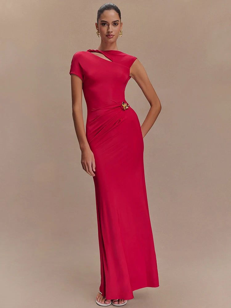 Hollow Out Gold Clasp Maxi Dress Gown Solid Sleeveless