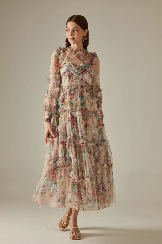 Elegant Sexy Lace Floral Prom Dresses Pleated Long