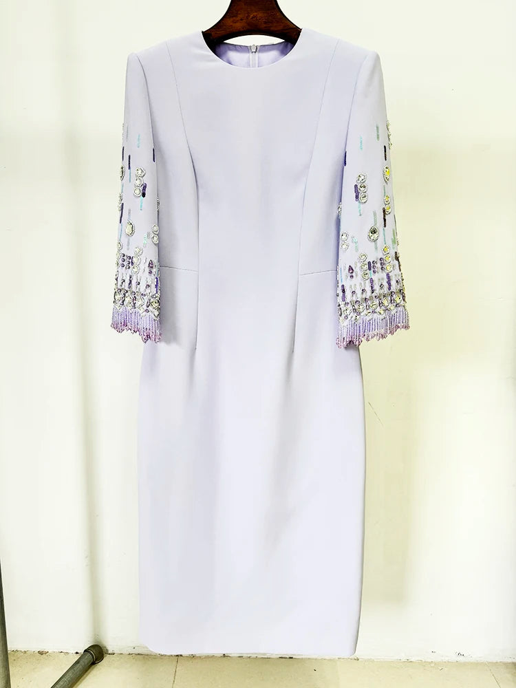 Half Sleeve Stunning Beaded Midi Dress