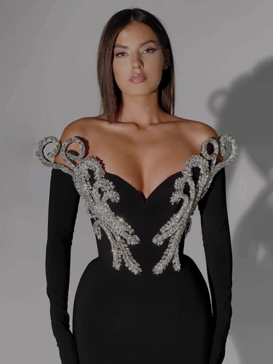Women'S Elegant Party Dresses V Neck Crystal Design