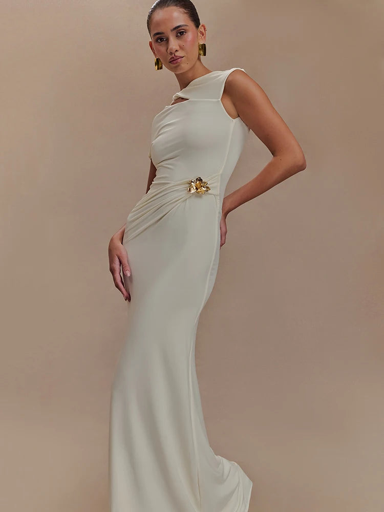Hollow Out Gold Clasp Maxi Dress Gown Solid Sleeveless