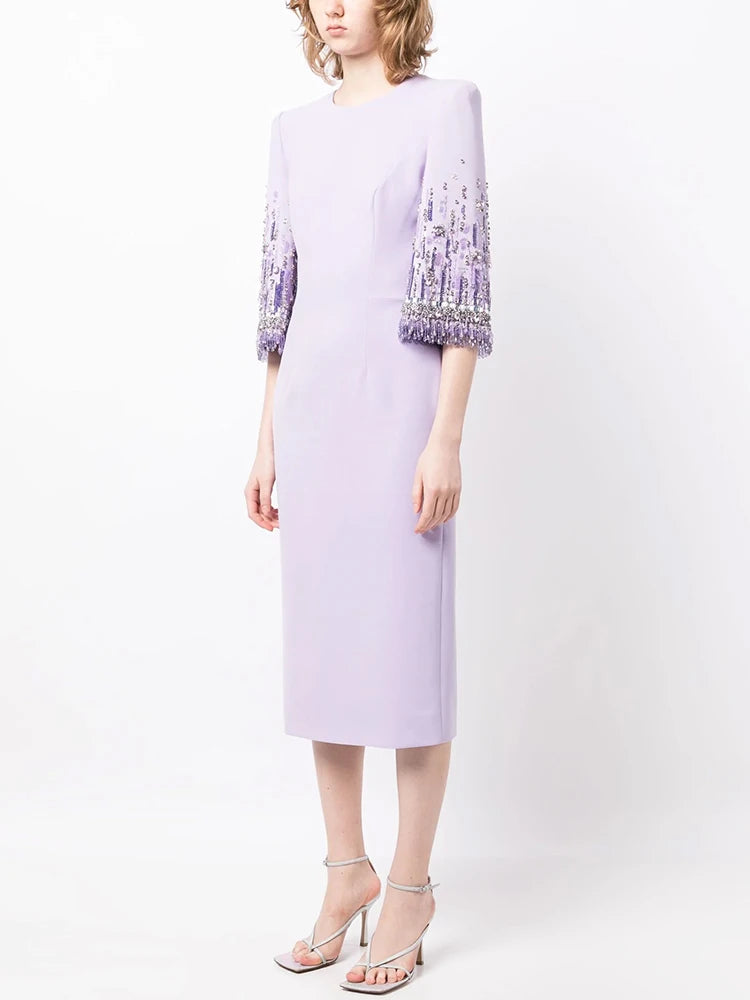 Half Sleeve Stunning Beaded Midi Dress