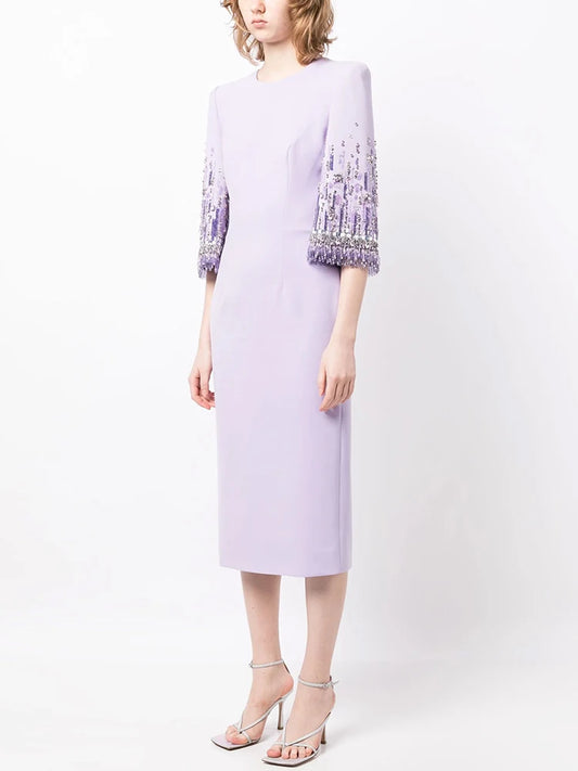 Half Sleeve Stunning Beaded Midi Dress